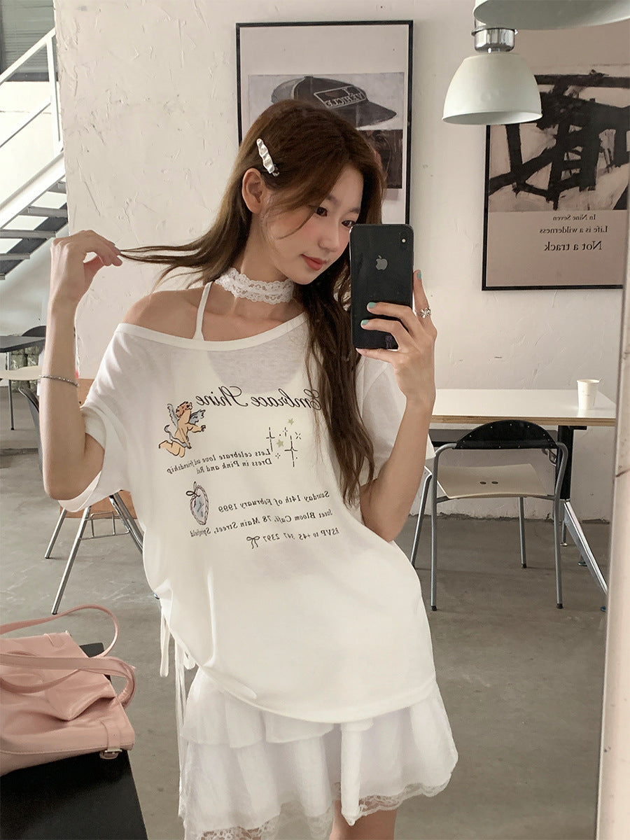 White Off Shoulder Ruched Women Summer T-Shirt 2026