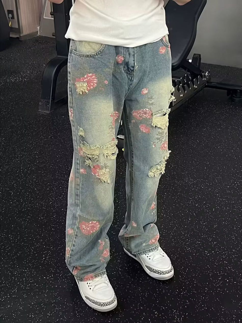 Men’s Retro Rose Print Wide-Leg Jeans