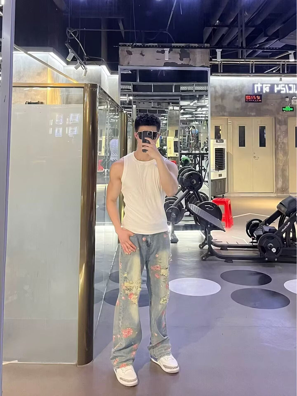Men’s Retro Rose Print Wide-Leg Jeans