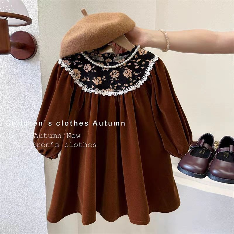 Girls Velvet Floral Hepburn Dress Long Sleeve Vintage – Kids Fashion Nepal | Tudoholic
