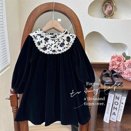 Girls Velvet Floral Hepburn Dress Long Sleeve Vintage – Kids Fashion Nepal | Tudoholic