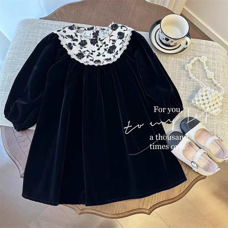 Girls Velvet Floral Hepburn Dress Long Sleeve Vintage – Kids Fashion Nepal | Tudoholic