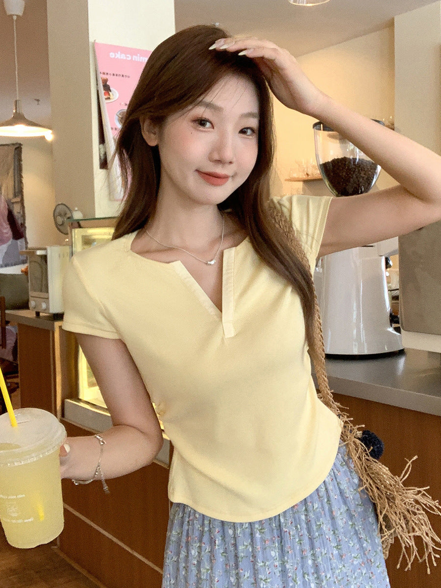 Yellow V-Neck Ruched Slim Fit Women Summer T-Shirt 2026