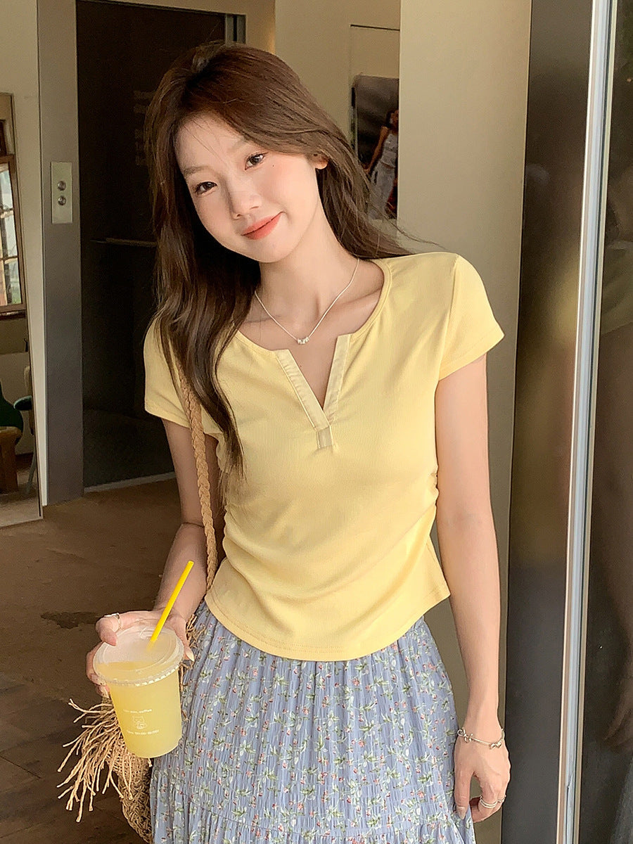 Yellow V-Neck Ruched Slim Fit Women Summer T-Shirt 2026