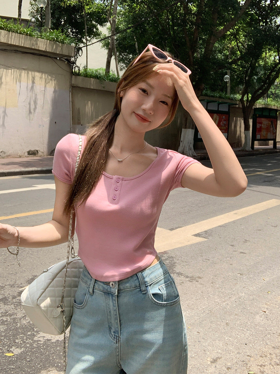 Button Design Slim Fit Women Summer T-Shirt 2026