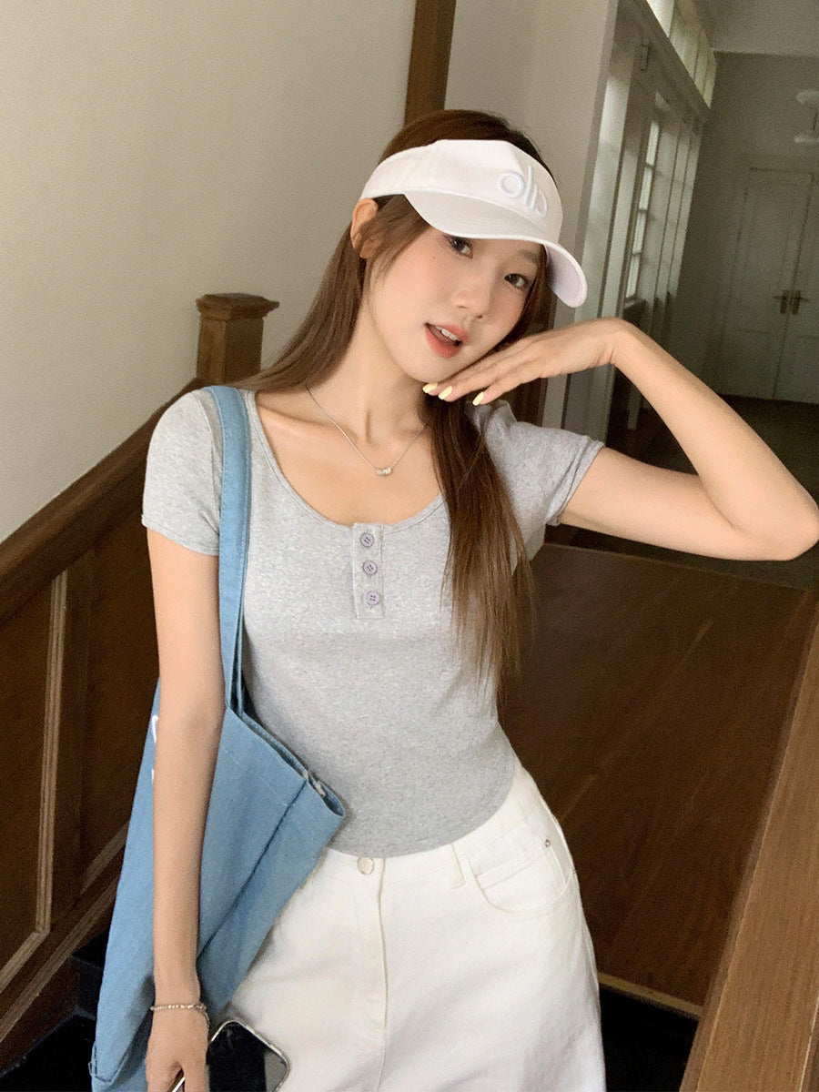 U-Neck Button Slim Fit Women Summer T-Shirt 2026
