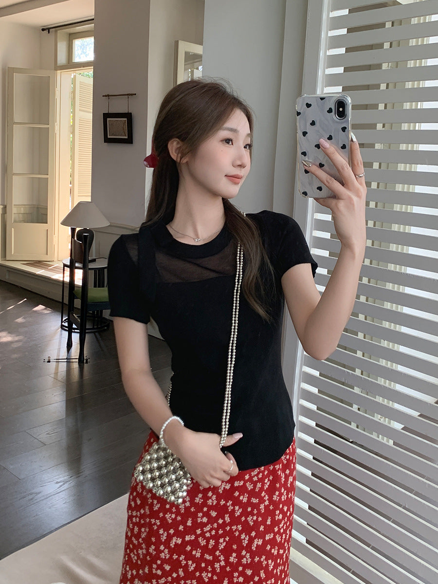 Mesh Bow Knit Slim Fit Women Summer Top 2026