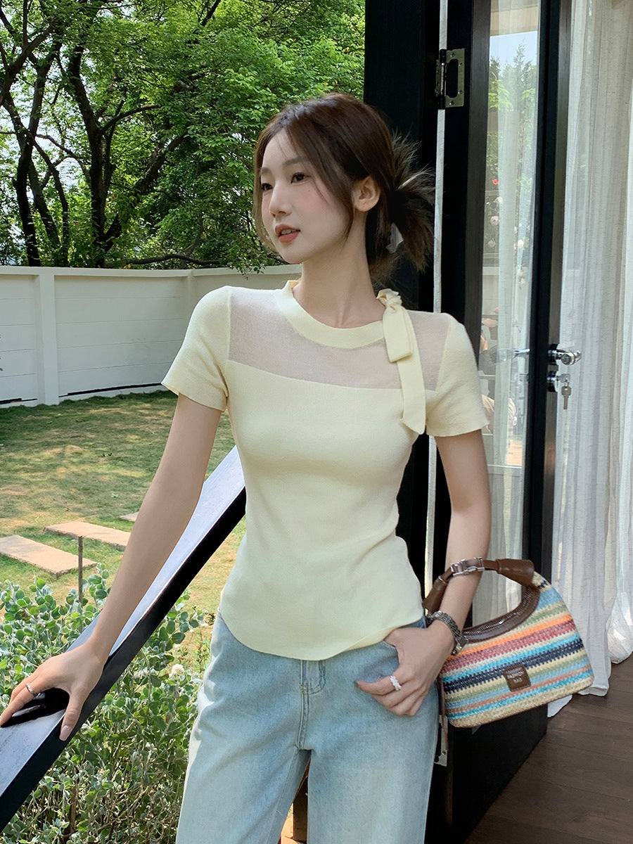 Mesh Bow Knit Slim Fit Women Summer Top 2026