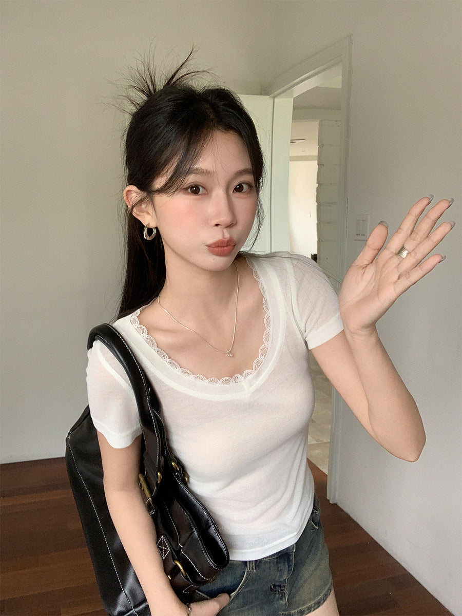 Lace Patchwork Sheer Women Summer T-Shirt 2026