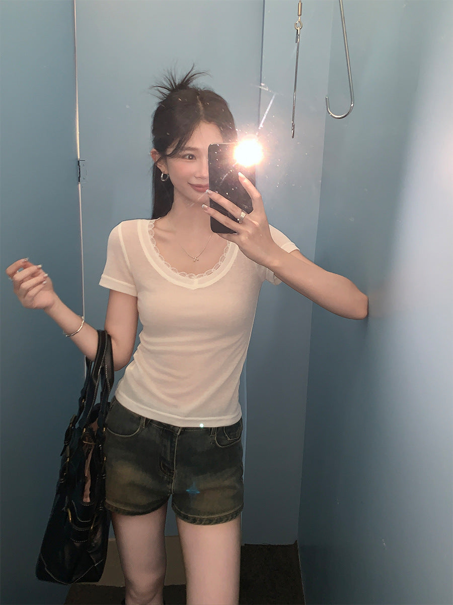 Lace Patchwork Sheer Women Summer T-Shirt 2026