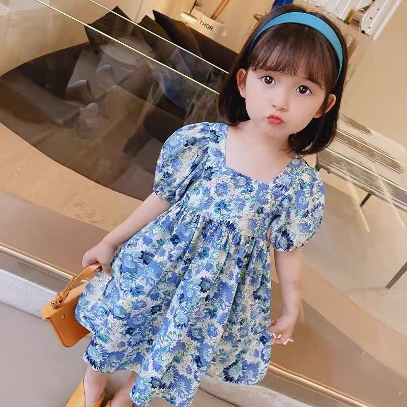 Girls Blue Floral Puff Sleeve Princess Dress Summer – Summer Kids Fashion Nepal | Tudoholic