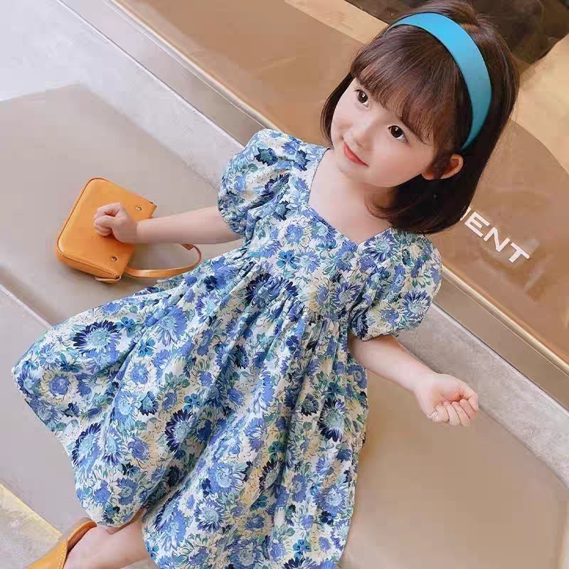 Girls Blue Floral Puff Sleeve Princess Dress Summer – Summer Kids Fashion Nepal | Tudoholic
