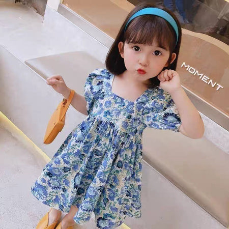 Girls Blue Floral Puff Sleeve Princess Dress Summer – Summer Kids Fashion Nepal | Tudoholic