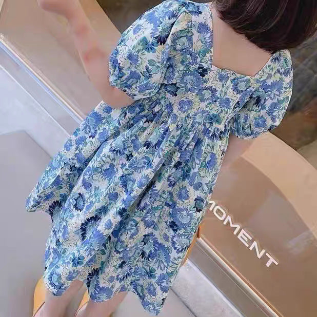 Girls Blue Floral Puff Sleeve Princess Dress Summer – Summer Kids Fashion Nepal | Tudoholic