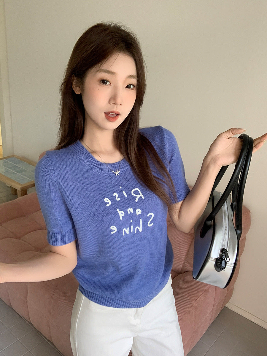 Letter Embroidered Knit Women Summer T-Shirt 2026