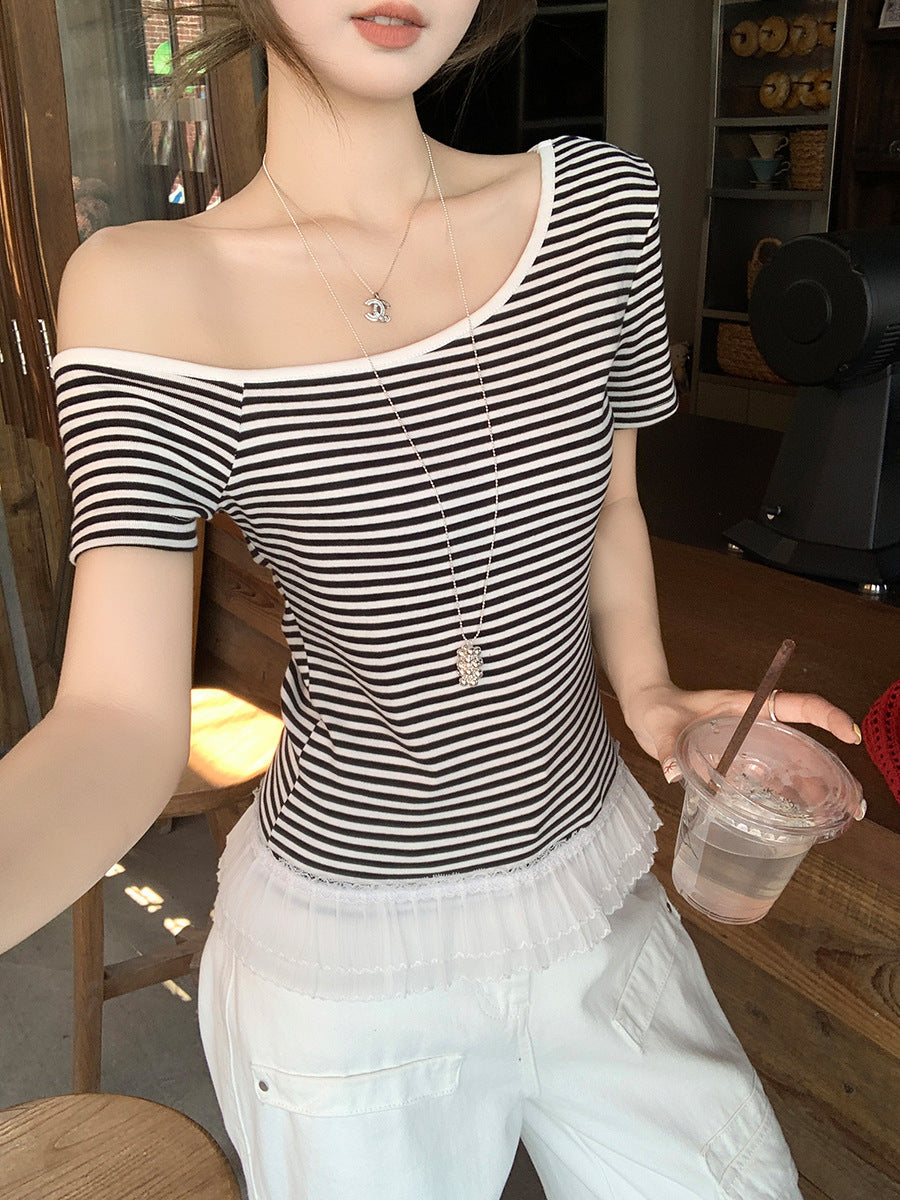 Lace Trim Off Shoulder Stripe Women Summer T-Shirt 2026