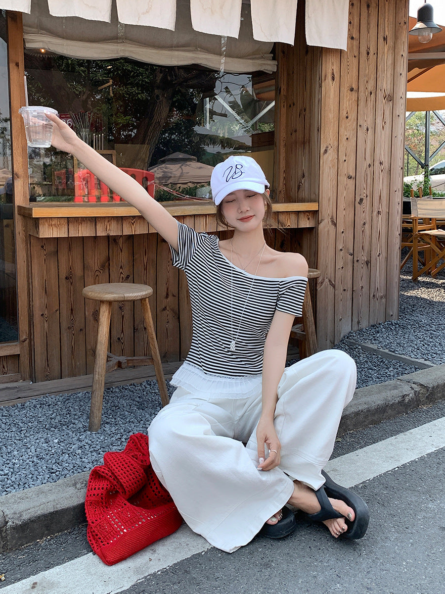 Lace Trim Off Shoulder Stripe Women Summer T-Shirt 2026
