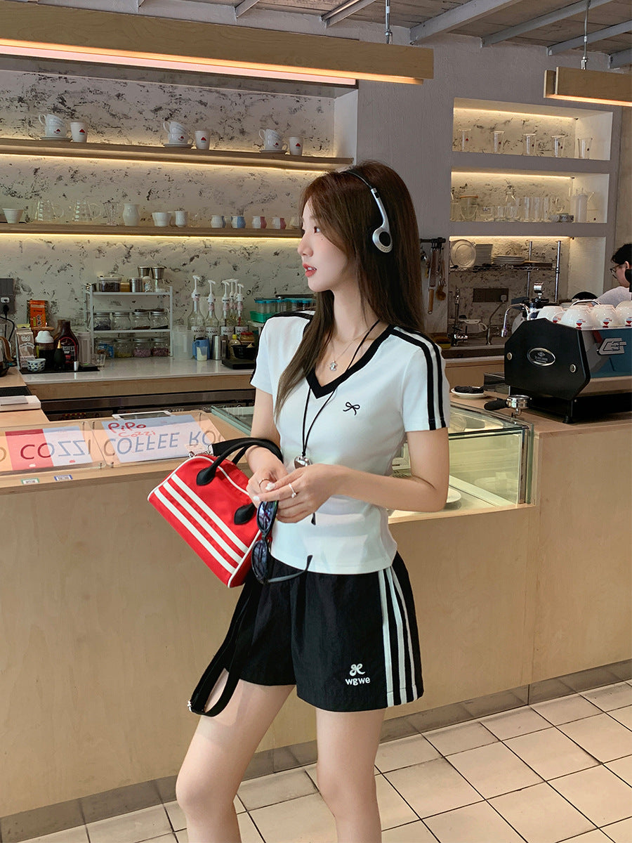 V-Neck Striped Bow Embroidered Women Summer T-Shirt