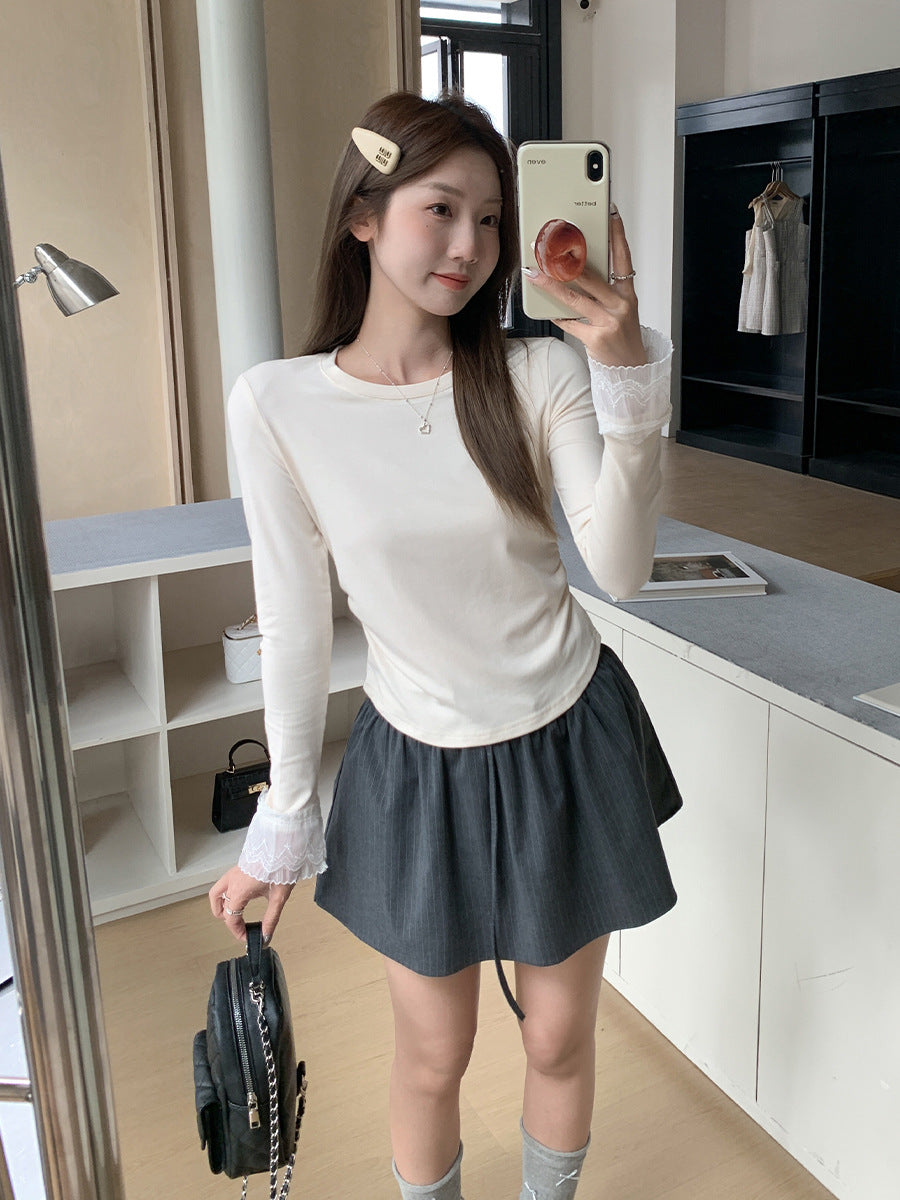 Lace Pleated Waist Women Long Sleeve Top Spring Summer