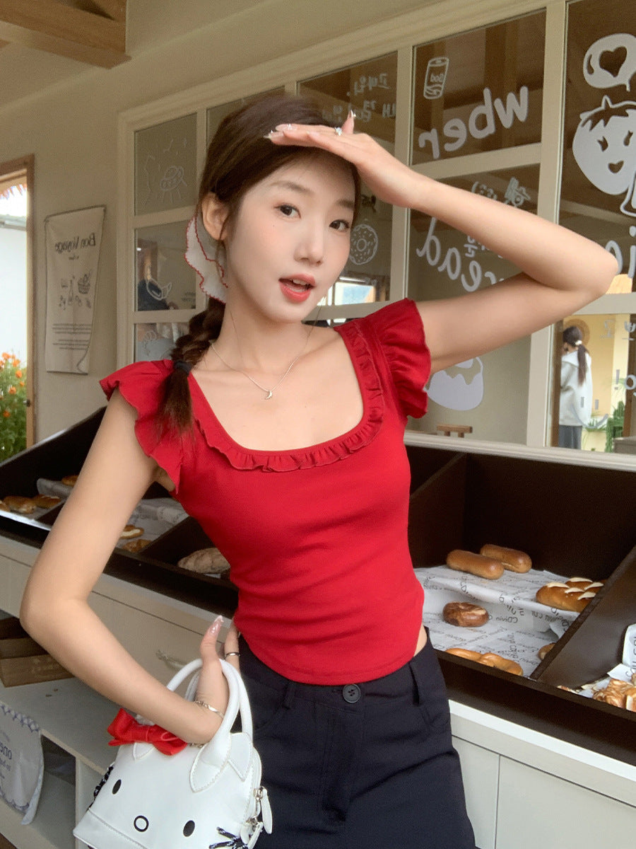 Red Square Neck Lace Slim Fit Women Summer Top 2026