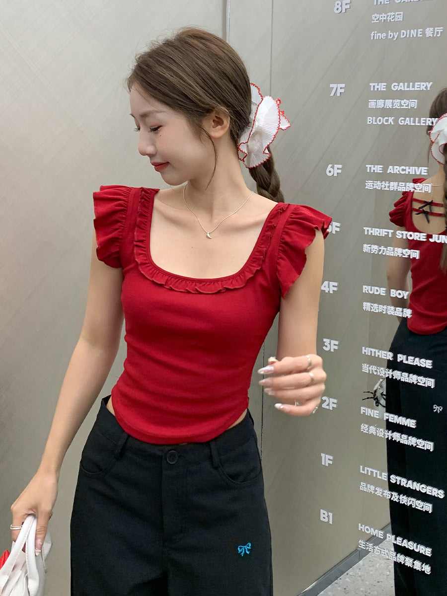 Red Square Neck Lace Slim Fit Women Summer Top 2026
