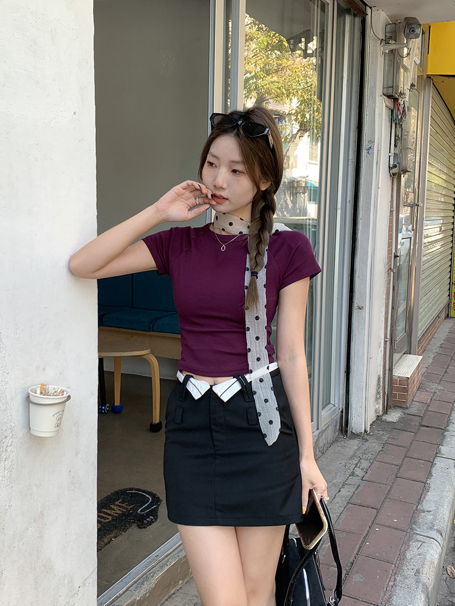 Purple Crewneck Raglan Slim Fit Women Summer T-Shirt
