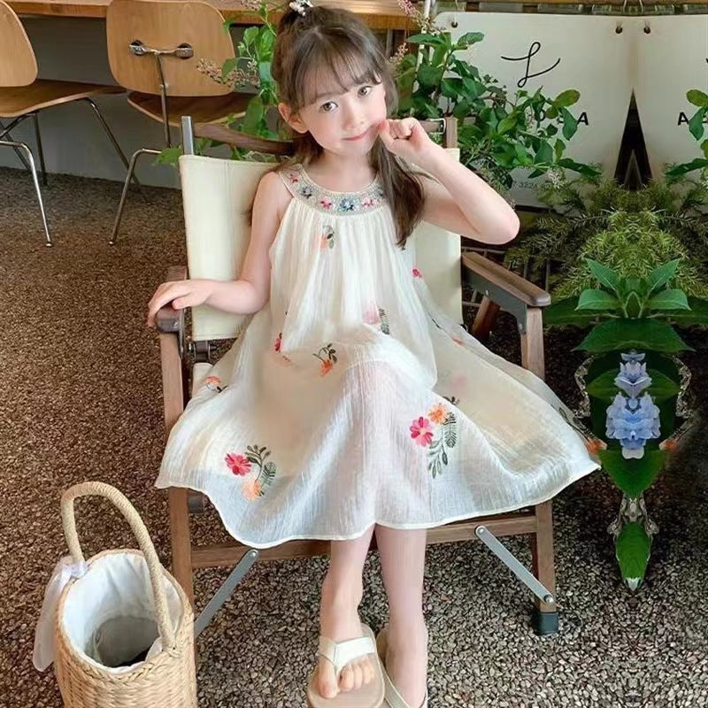 Girls Mesh Embroidered Strap Dress Summer Beach Style – Summer Kids Fashion Nepal | Tudoholic