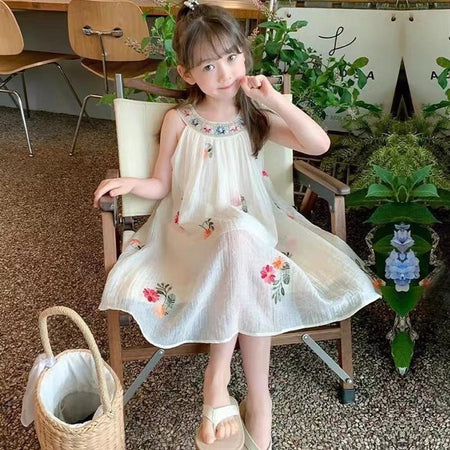 Girls Mesh Embroidered Strap Dress Summer Beach Style – Summer Kids Fashion Nepal | Tudoholic