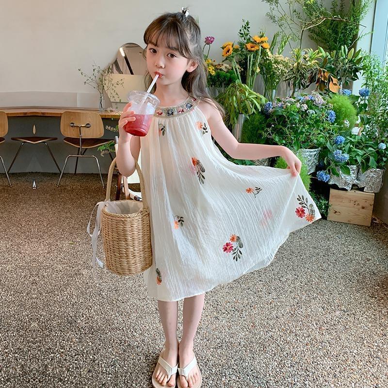 Girls Mesh Embroidered Strap Dress Summer Beach Style – Summer Kids Fashion Nepal | Tudoholic