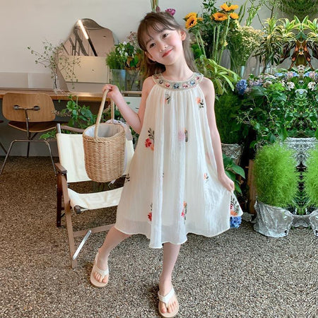 Girls Mesh Embroidered Strap Dress Summer Beach Style – Summer Kids Fashion Nepal | Tudoholic