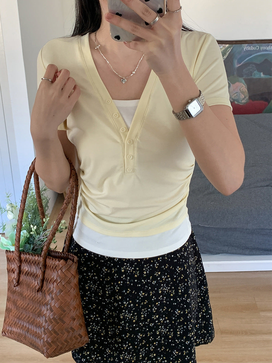 Slim Fit V-Neck Contrast Short Sleeve Women Top 2026