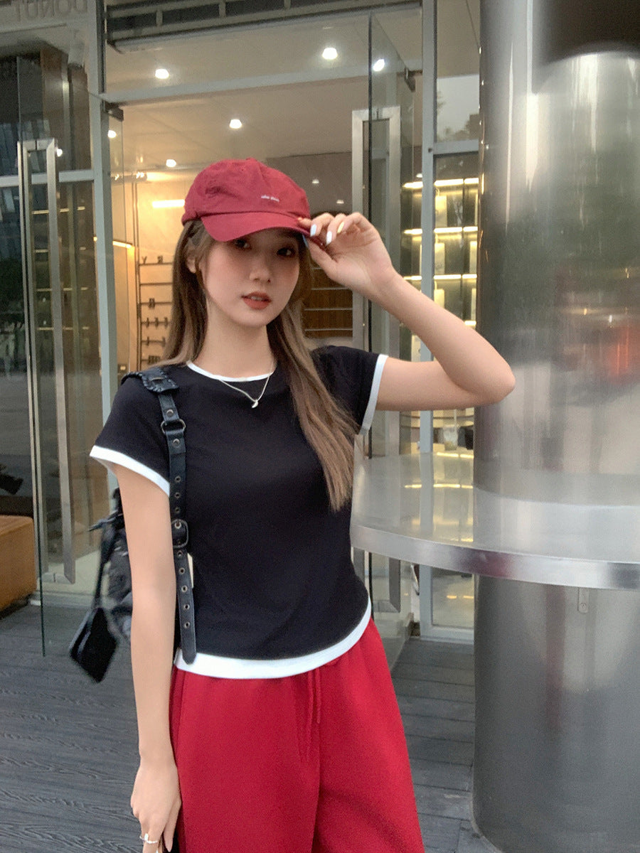 Slim Fit Contrast Crewneck Women T-Shirt 2026 Style