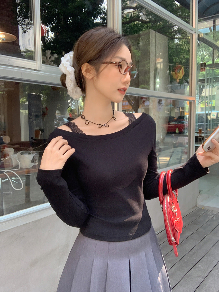 Off Shoulder Lace Long Sleeve Women Top 2026 Elegant