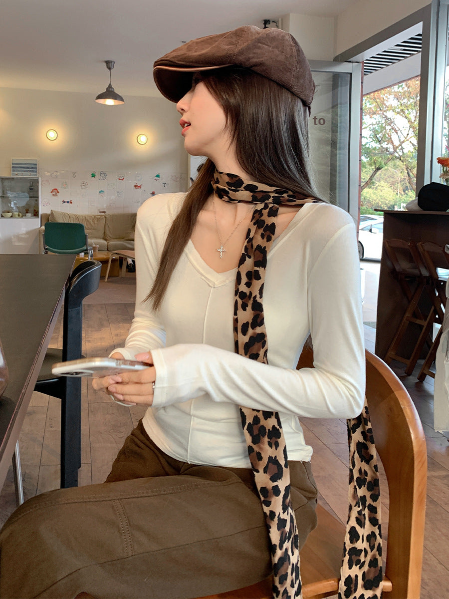 Slim Fit V-Neck Wool Long Sleeve Women Top Winter