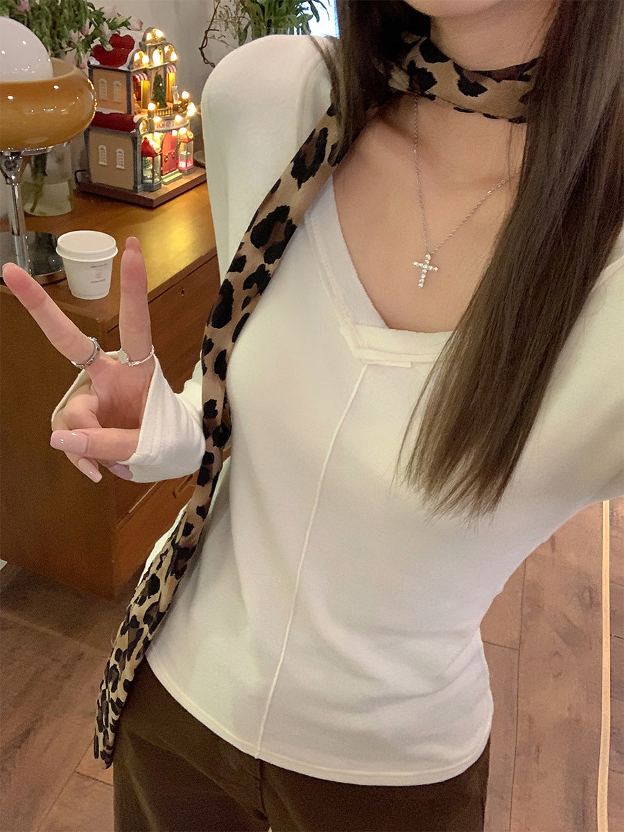 Slim Fit V-Neck Wool Long Sleeve Women Top Winter