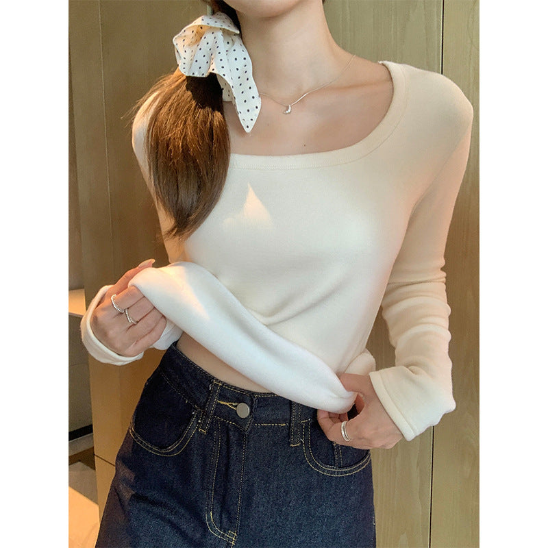 Apricot Fleece Square Neck Women Winter Top 2026