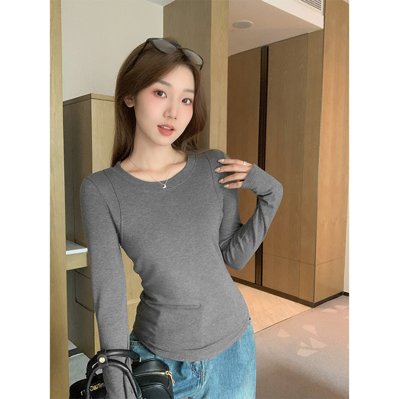 Grey Fleece Round Neck Women Winter Slim Top 2026