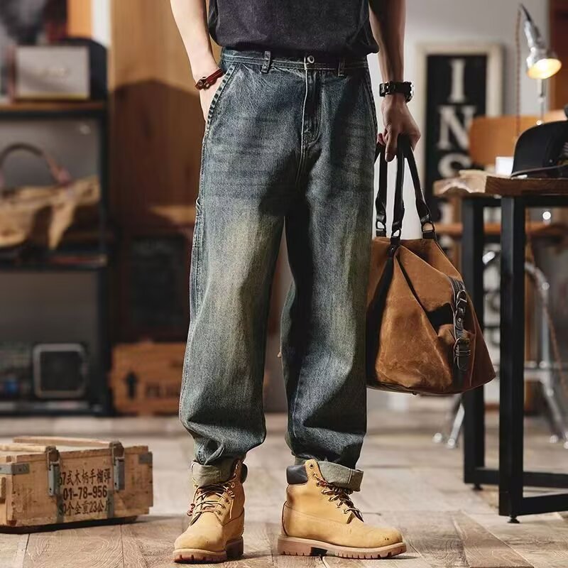 Men’s Heavy Retro Workwear Wide-Leg Jeans