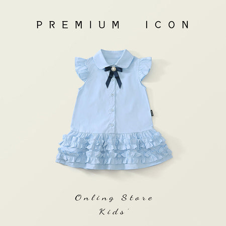Girls Blue Bow Flying Sleeve Dress Summer 2025 – Summer Kids Fashion Nepal | Tudoholic