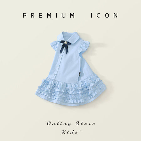 Girls Blue Bow Flying Sleeve Dress Summer 2025 – Summer Kids Fashion Nepal | Tudoholic