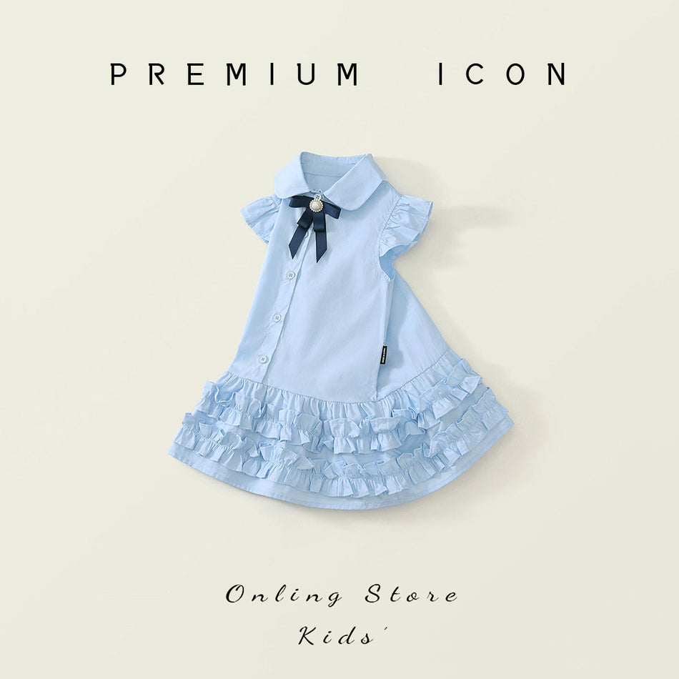 Girls Blue Bow Flying Sleeve Dress Summer 2025 – Summer Kids Fashion Nepal | Tudoholic