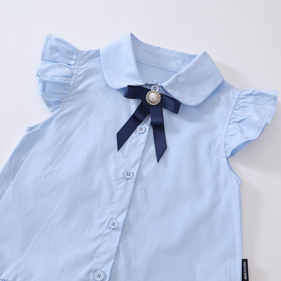 Girls Blue Bow Flying Sleeve Dress Summer 2025 – Summer Kids Fashion Nepal | Tudoholic