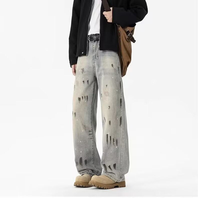 Men’s Blue Vintage Tie-Dye Wide-Leg Jeans