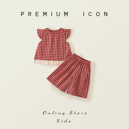 Girls Red Plaid Wide Leg Set Summer 2025 Korean Style – Summer Kids Fashion Nepal | Tudoholic