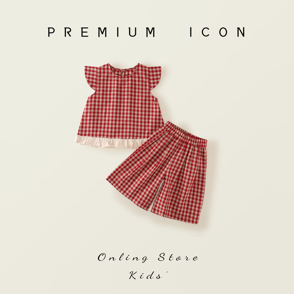 Girls Red Plaid Wide Leg Set Summer 2025 Korean Style – Summer Kids Fashion Nepal | Tudoholic