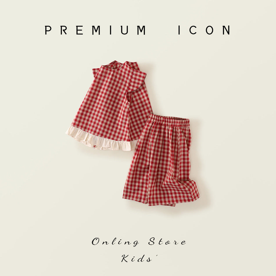Girls Red Plaid Wide Leg Set Summer 2025 Korean Style – Summer Kids Fashion Nepal | Tudoholic