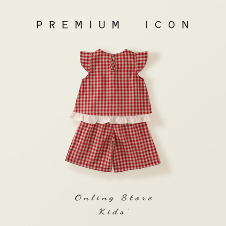 Girls Red Plaid Wide Leg Set Summer 2025 Korean Style – Summer Kids Fashion Nepal | Tudoholic