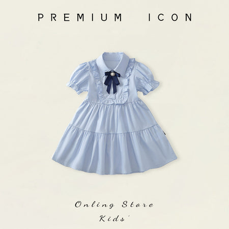 Girls Blue Bow Lapel Dress Summer 2026 Korean Style – Summer Kids Fashion Nepal | Tudoholic