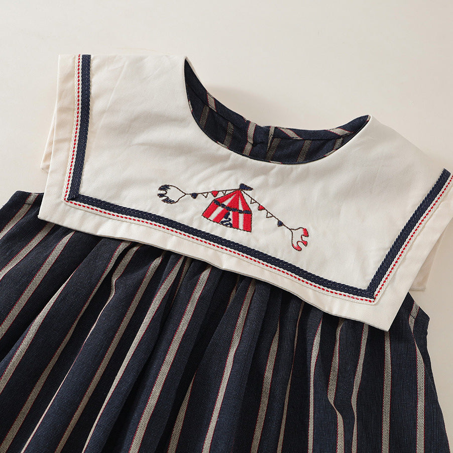 Girls Korean Striped Embroidered Dress Summer 2025 – Summer Kids Fashion Nepal | Tudoholic