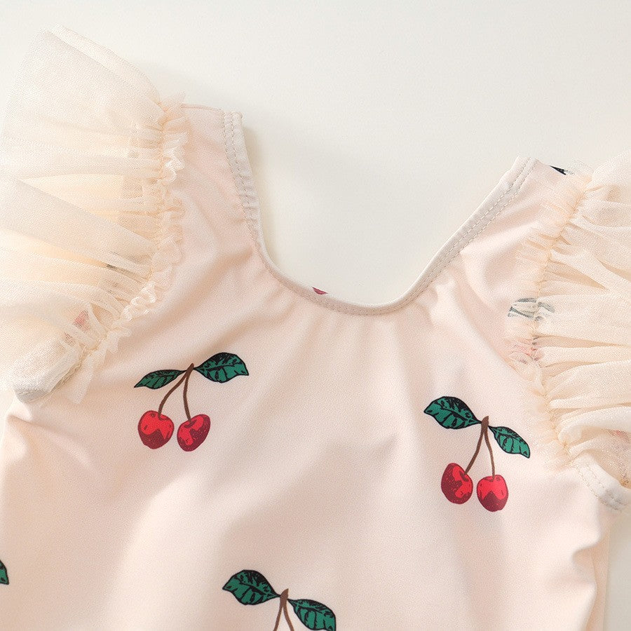 Girls Cherry Swimsuit Set Flying Sleeve Summer 2025 – Summer Kids Fashion Nepal | Tudoholic